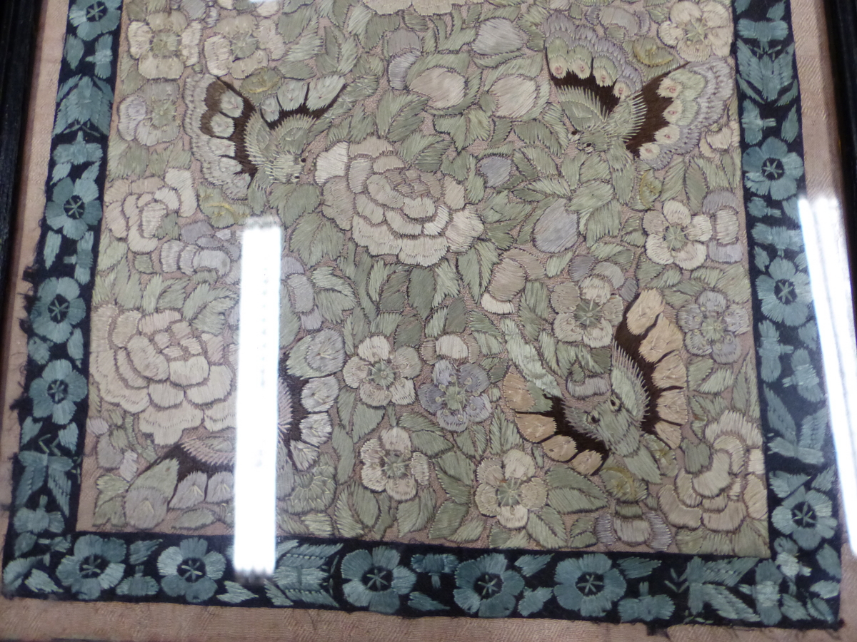 THREE CHINESE SLEEVE PANELS VARIOUSLY SILK EMBROIDERED WITH FLOWERS, BUTTERFLIES, PAVILIONS AND - Image 11 of 18