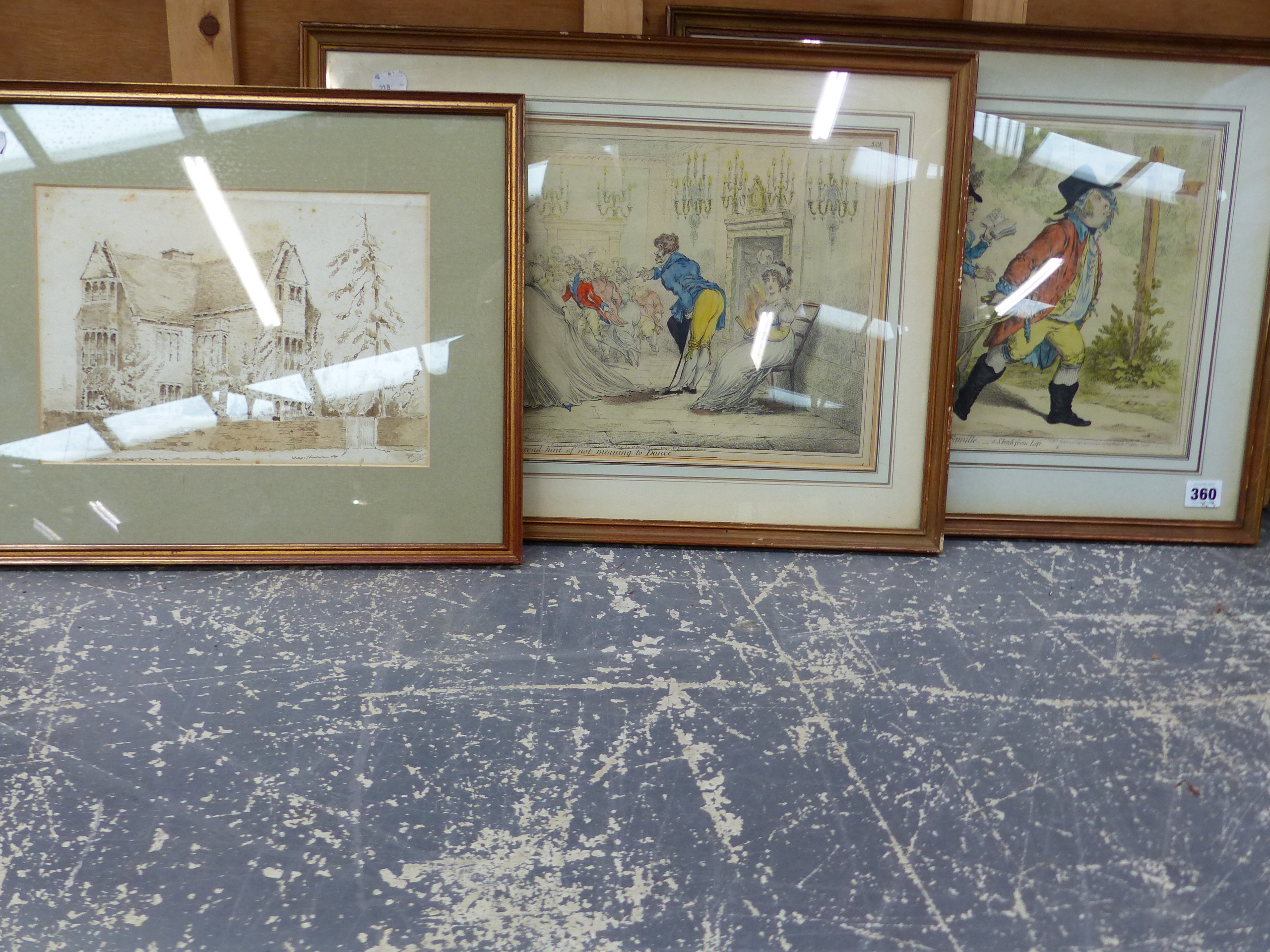 TWO ANTIQUE HAND COLOURED SATIRICAL PRINTS LA PROMENADE EN FAMILLE. 26 x 38cm AND A BROAD HINT OF