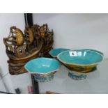 FIVE CHINESE SMALL RICE BOWLS TOGETHER WITH A PAIR OF CARVED SAILING BOATS