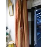 A PAIR OF LINED SILK CURTAINS WITH VERTICAL TERRACOTTA AND PINK STRIPES WITH PELMETS, EACH DROP