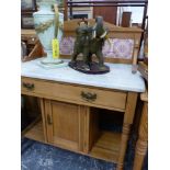 AN ANTIQUE WHITE MARBLE TOPPED AND TILED BACK PINE WASH STAND WITH AN APRON DRAWER ABOVE A SHELF