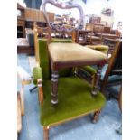 A MAHOGANY BALLOON BACKED CHAIR TOGETHER WITH A GREEN VELVET UPHOLSTERED SHOW FRAME ARMCHAIR WITH