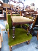 A MAHOGANY BALLOON BACKED CHAIR TOGETHER WITH A GREEN VELVET UPHOLSTERED SHOW FRAME ARMCHAIR WITH