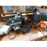 VINTAGE CAMERAS TO INCLUDE EDIXA, LUBITEL, PENTACON, A PANASONIC VIDEO CAMERA AND AN ELMO CINE