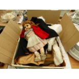 A VINTAGE CRYING DOLL, CHRISTENING GOWNS, AN EMBROIDERED CAPE, AND OTHERS.