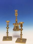 A PAIR OF 18th C. BRASS CANDLESTICKS WITH SQUARE NOZZLE INSERTS TURNED COLUMNS AND DISHED SQUARE