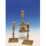 A PAIR OF 18th C. BRASS CANDLESTICKS WITH SQUARE NOZZLE INSERTS TURNED COLUMNS AND DISHED SQUARE