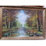 A DECORATIVE LANDSCAPE OIL PAINTING, SIGNED INDISTINCTLY 51 x 76cm