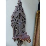 A PAIR EASTERN OF MOTHER OF PEARL DECORATED WALL HANGING TURBAN STANDS, THE BACKS PIERCED AND CARVED