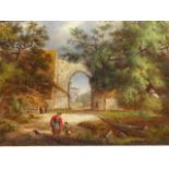 MID 19th C. ENGLISH SCHOOL A RURAL TRACK LEADING TO A MANOR HOUSE. OIL ON CANVAS 57 x 70cm CARVED