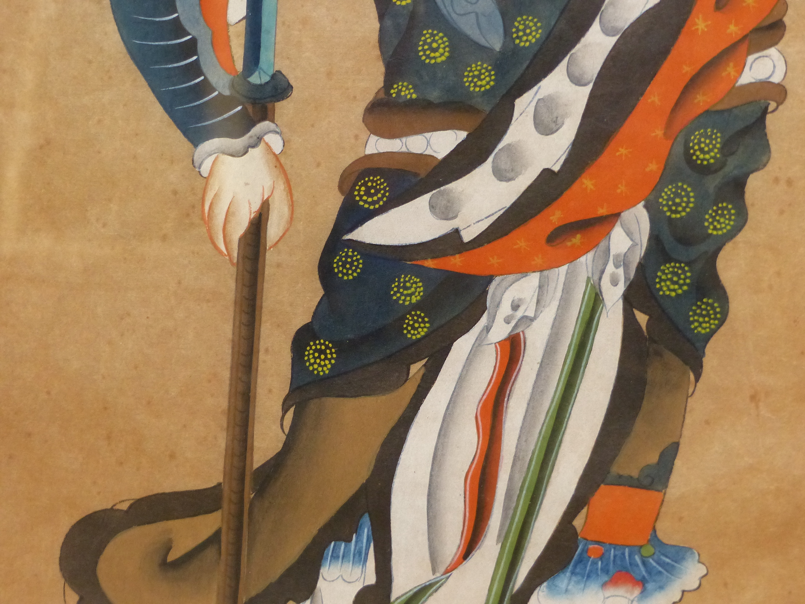 A CHINESE WATERCOLOUR DEPICTING A WARRIOR STANDING HOLDING A LONG BLADED SPEAR. 66 x 45cms. - Image 4 of 8