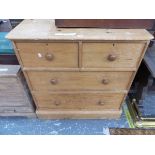 A VICTORIAN PINE CHEST OF TWO SHORT AND TWO GRADED LONG DRAWERS ON PLINTH FOOT. W 92 x D 55 x H 92c