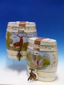 TWO HACKWOOD AND KEELING POTTERY SPIRIT BARRELS AND COVERS, THAT FOR GIN DECORATED WITH A STAG AND