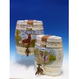 TWO HACKWOOD AND KEELING POTTERY SPIRIT BARRELS AND COVERS, THAT FOR GIN DECORATED WITH A STAG AND