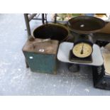 A HUGHES FAMILY SCALE, AN ESSO FUEL CAN, BRASS COAL BUCKET, AND A FURTHER SET OF SCALES AND WEIGHTS.