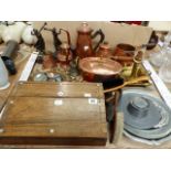 A VICTORIAN ROSEWOOD WRITING BOX, PEWTER INKWELL, COPPER WARES ETC.