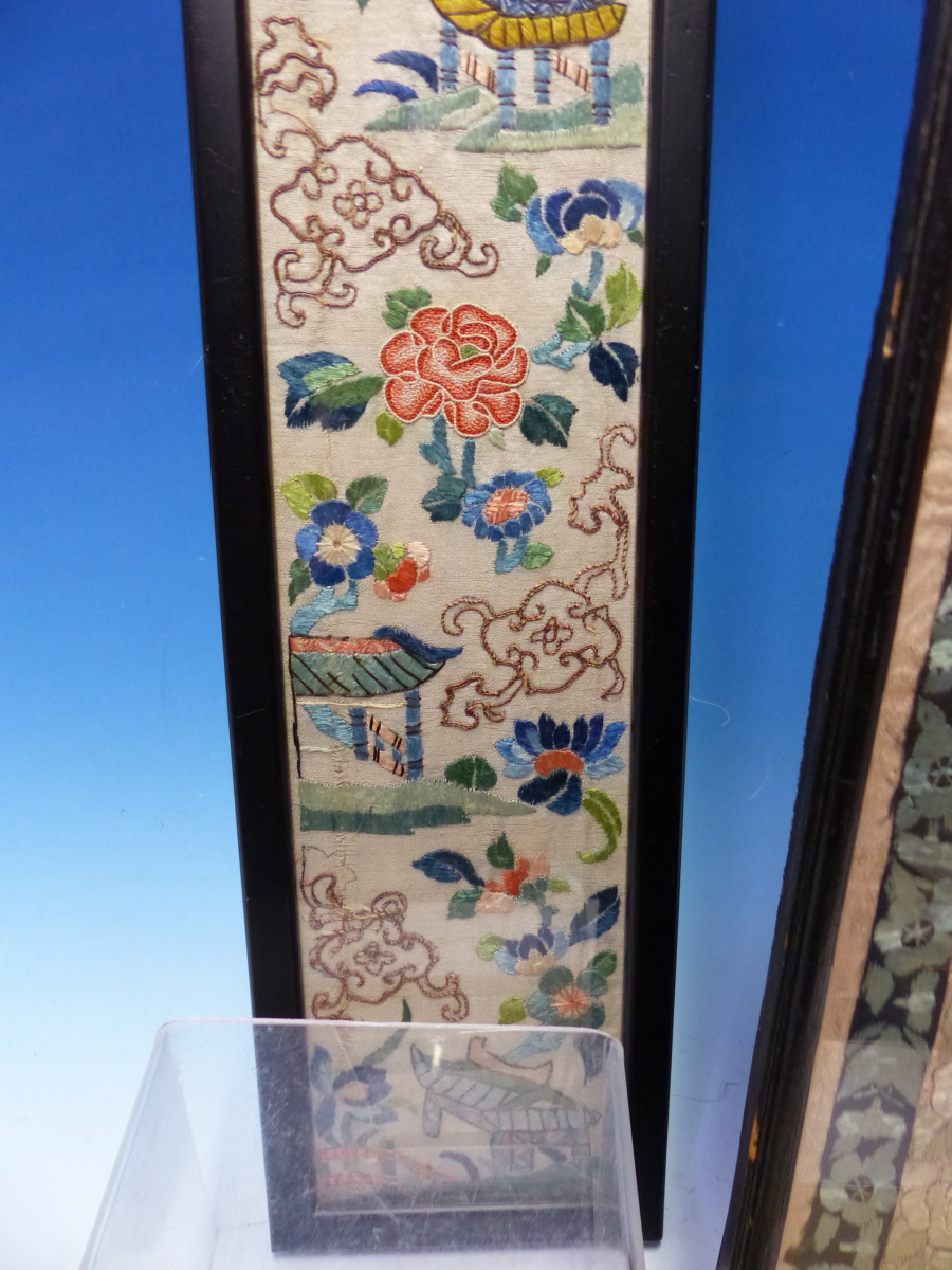 THREE CHINESE SLEEVE PANELS VARIOUSLY SILK EMBROIDERED WITH FLOWERS, BUTTERFLIES, PAVILIONS AND - Image 15 of 18