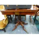A REGENCY SATIN WOOD CROSS BANDED MAHOGANY TEA TABLE WITH A BRASS INLAID TABLE BELOW THE SWIVEL OPEN