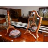 A MAHOGANY SHIELD SHAPED DRESSING TABLE MIRROR, A BEADWORK CIRCULAR FOOT STOOL AND A MAHOGANY TRIPOD