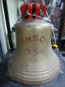 A SHIPS BELL INSCRIBED SAMSON 1954 TO ONE SIDE BELOW THE RED PAINTED SUSPENSION LUGS. H 34cms.