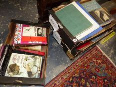 FOUR BOXES OF INTERESTING VINTAGE ART AND ANTIQUE RELATED BOOKS.