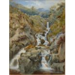 19th/20th C. ENGLISH SCHOOL. A HIGHLAND WATERFALL, SIGNED INDISTINCTLY, WATERCOLOUR 18 x 13cms