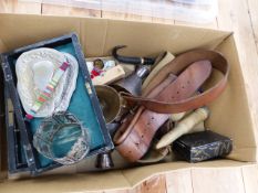 A PAIR OF EASTERN PLATED PIN TRAYS, A WHITE METAL PIERCED BOTTLE CUFF, MILITARY BELTS, BADGES, ETC.