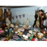 A QUANTITY OF VARIOUS CHINA AND ORNAMENTS, GLASS PAPERWEIGHTS, CORN DOLLYS ETC.