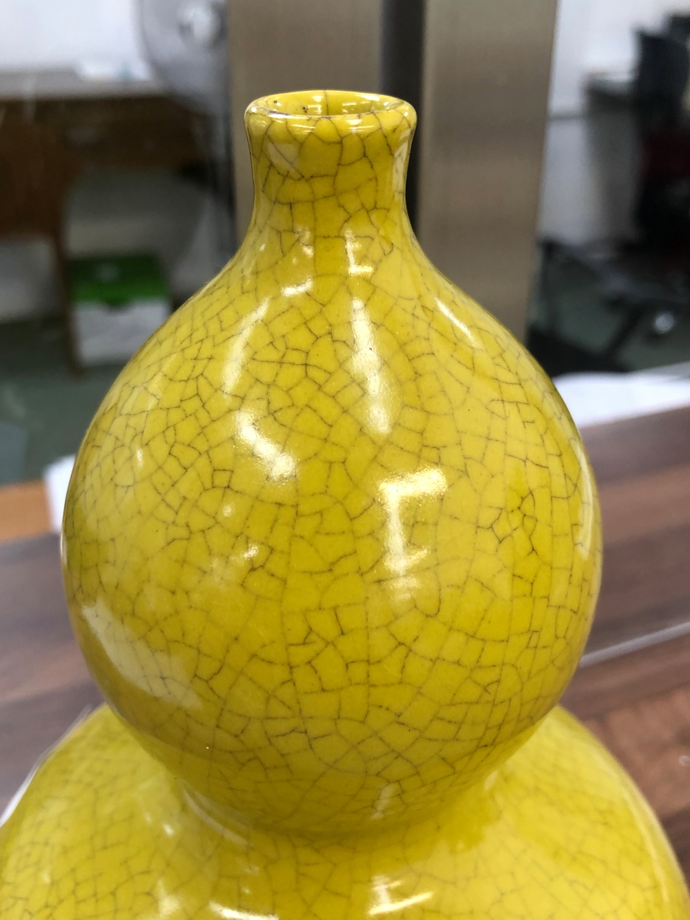 AN ORIENTAL DOUBLE GOURD VASE WITH YELLOW GLAZE. - Image 7 of 15