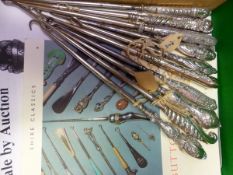 TEN SILVER HANDLED BUTTON HOOKS, FIFTEEN VOLUMES OF THE BUTTON HOOK SOCIETY PUBLICATIONS FROM 1980,