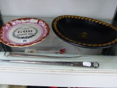 TWO SILVER PLATED SKEWERS, A BETTRIDGE PAPIER MACHE BOWL AND A LUSTRE WALL PLATE.