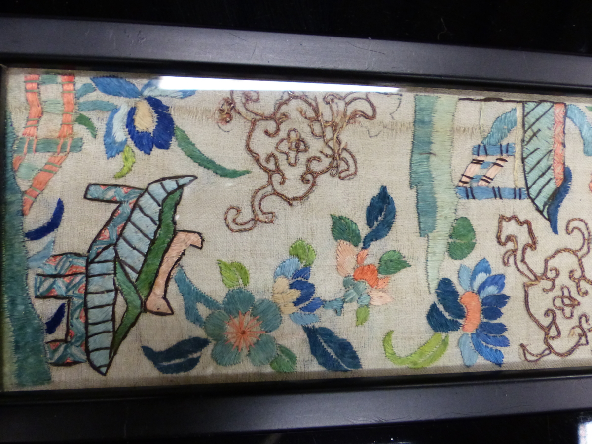 THREE CHINESE SLEEVE PANELS VARIOUSLY SILK EMBROIDERED WITH FLOWERS, BUTTERFLIES, PAVILIONS AND - Image 8 of 18