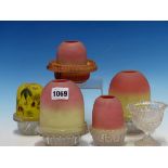 FIVE CLARKES BURMESE GLASS FAIRY LAMP SHADES TO INCLUDE A YELLOW EXAMPLE PAINTED WITH FLOWERING