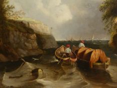 CLARKSON STANFIELD (1793 - 1867). SHELTERING FROM THE ONCOMING STORM, SIGNED OIL ON CANVAS. 52 x