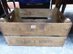 A SPALDING AND WISBECH WOODEN TWO HANDLED VEGETABLE CRATE. W 53cms.