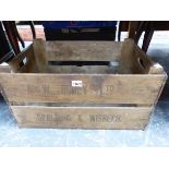 A SPALDING AND WISBECH WOODEN TWO HANDLED VEGETABLE CRATE. W 53cms.