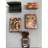 TWO 19th C. TORTOISESHELL CARD CASES, A SMALL TRINKET BOX, A MATCH BOOK HOLDER AND A HORN SNUFF BOX.