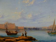 L.M GALEA (1847-1917) VALLETTA HARBOUR, MALTA. ARTIST LABEL VERSO, OIL ON BOARD 22 x 49cm