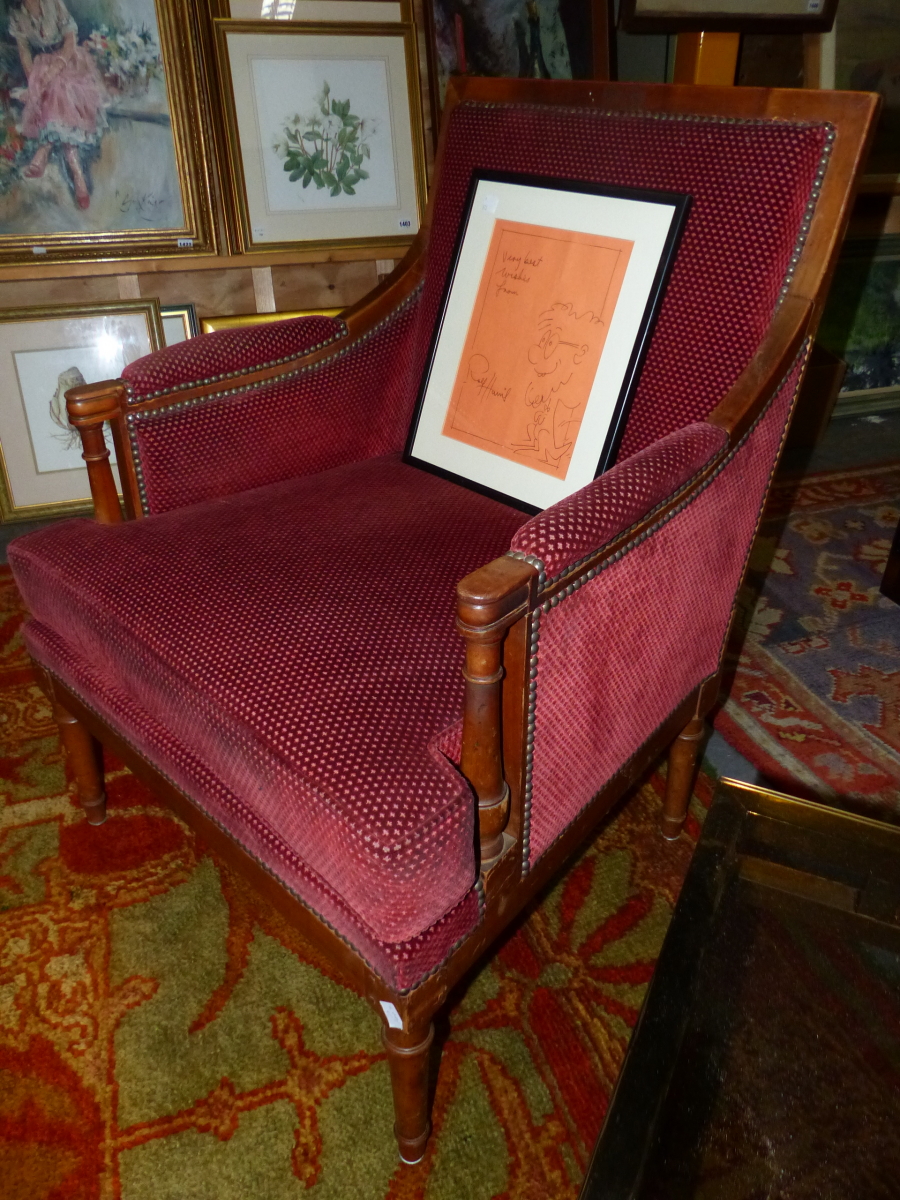 A PAIR OF FRENCH NEOCLASSIC FRUITWOOD SHOW FRAME ARMCHAIRS, THE SQUARED BACK ARMS AND SEATS UPHOLSTE - Image 4 of 6