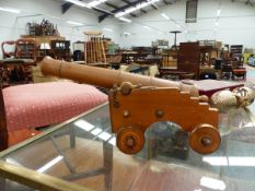 A LARGE BRASS BOUND TABLE TOP MODEL DISPLAY CASE, MODEL CANNON, WINE ACCOUTREMENTS, ETC.