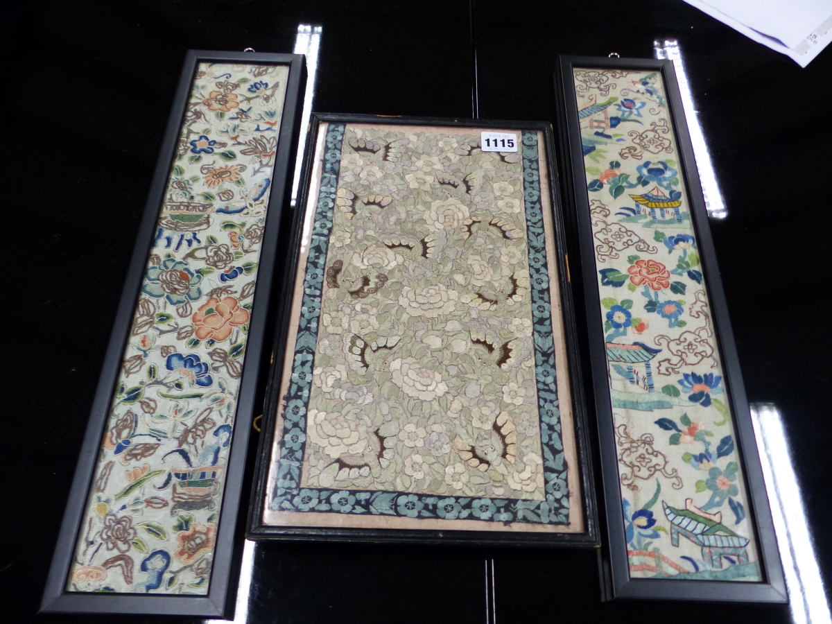 THREE CHINESE SLEEVE PANELS VARIOUSLY SILK EMBROIDERED WITH FLOWERS, BUTTERFLIES, PAVILIONS AND