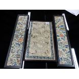THREE CHINESE SLEEVE PANELS VARIOUSLY SILK EMBROIDERED WITH FLOWERS, BUTTERFLIES, PAVILIONS AND