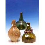 TWO 18th C. GREEN GLASS GLOBE AND SHAFT WINE BOTTLES, A STRING OF TRADE BEADS AND A GERMAN