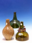 TWO 18th C. GREEN GLASS GLOBE AND SHAFT WINE BOTTLES, A STRING OF TRADE BEADS AND A GERMAN