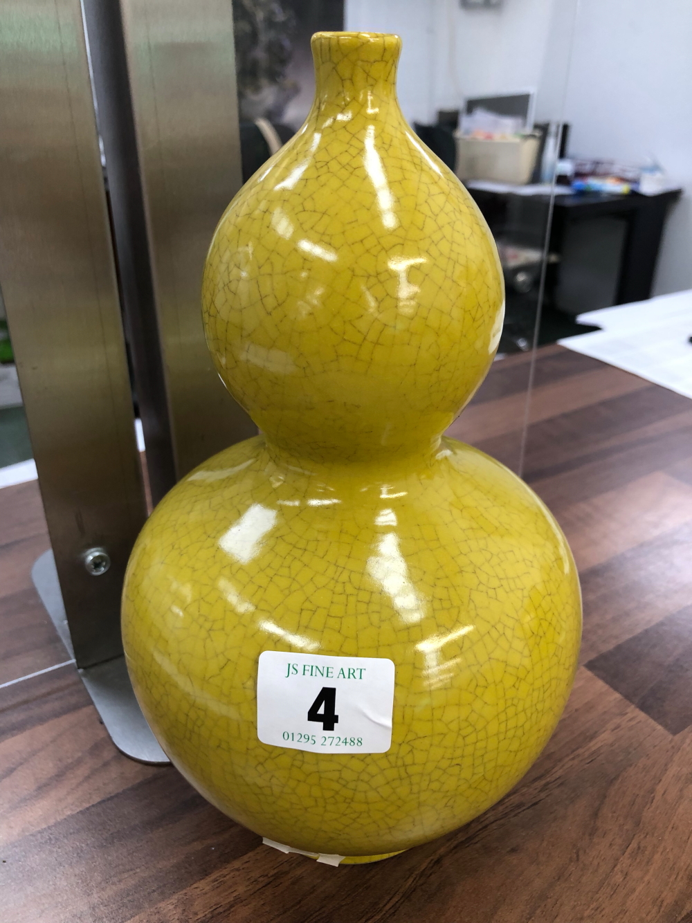 AN ORIENTAL DOUBLE GOURD VASE WITH YELLOW GLAZE. - Image 2 of 15