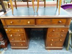 A VICTORIAN MAHOGANY PEDESTAL DESK, THE LEATHERETTE INSET TOP WITH TWO APRON DRAWERS, FOUR DRAWERS O