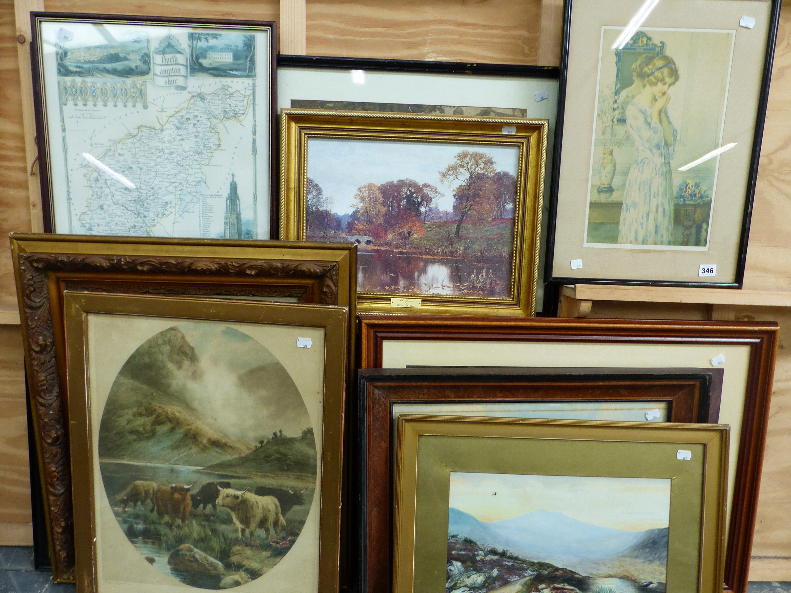 A COLLECTION OF VARIOUS VINTAGE AND LATER PRINTS, WATERCOLOURS AND FURNISHING PICTURES, SIZES VARY.