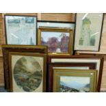 A COLLECTION OF VARIOUS VINTAGE AND LATER PRINTS, WATERCOLOURS AND FURNISHING PICTURES, SIZES VARY.