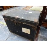 A CLOSE NAILED BLACK CANVAS TWO HANDLED TRUNK. W 60 x D 43cms.