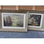 A DECORATIVE MARINE SCAPE OIL PAINTING SIGNED GILLET, TOGETHER WITH A LANDSCAPE BY ANOTHER HAND